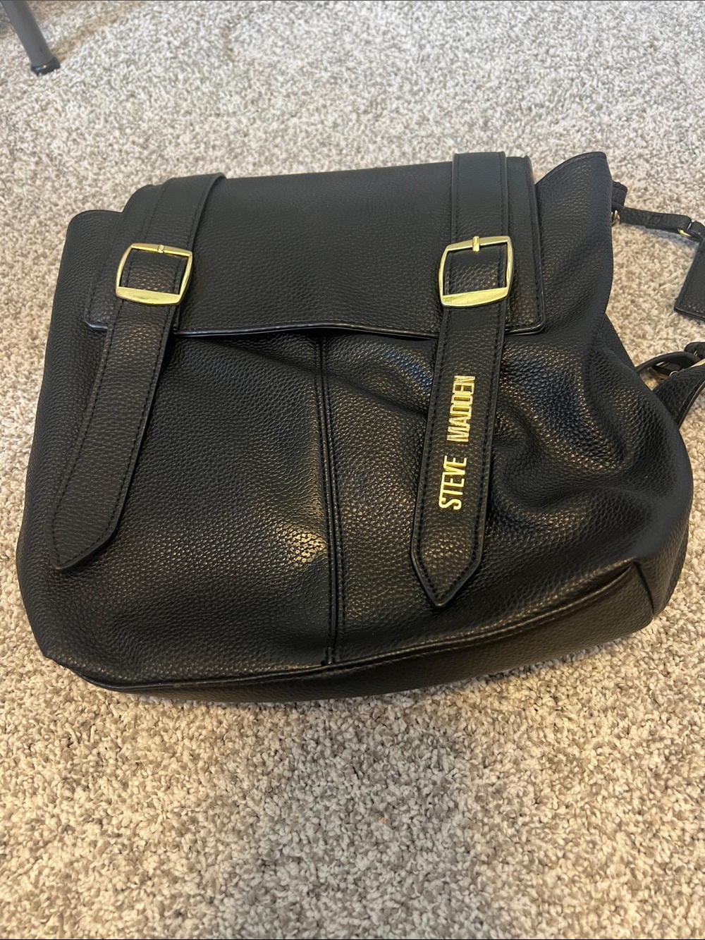 Steve Madden Black Pebbled Leather Backpack with Gold Accents